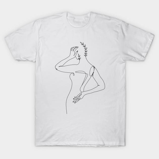 Minimal Woman line art. Woman body with branch of leaves. T-Shirt by CoCoArt-Ua